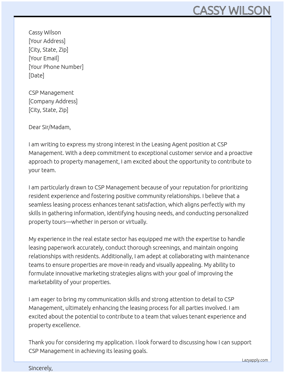 Leasing Agent At CSP Management Cover Letter