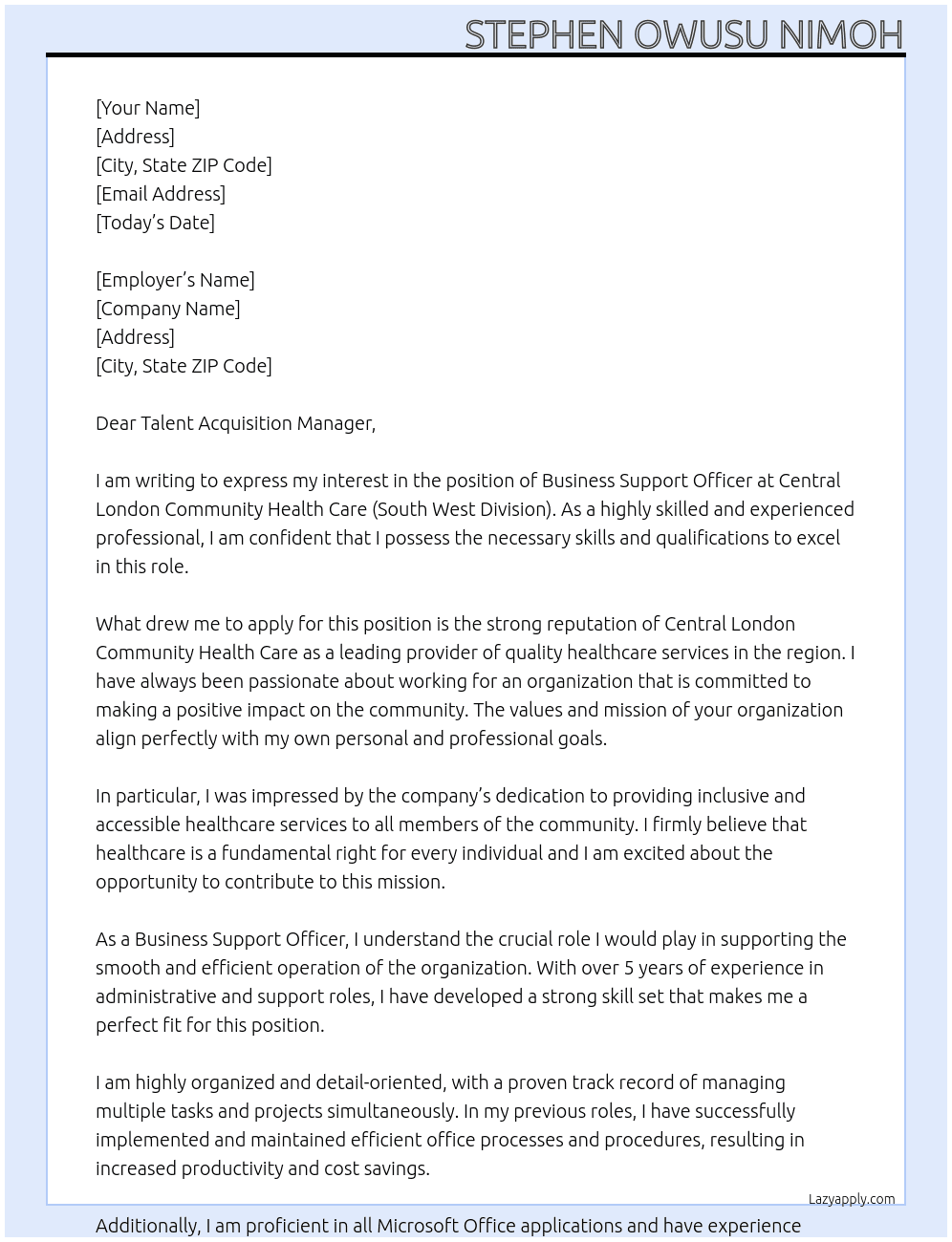 Business Support Officer At Central London Community Health Care (South West Division) Cover Letter