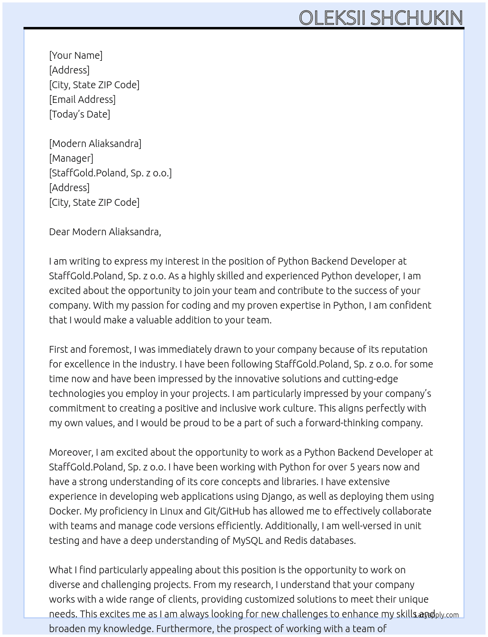 Cover letter for python backend developer - LazyApply