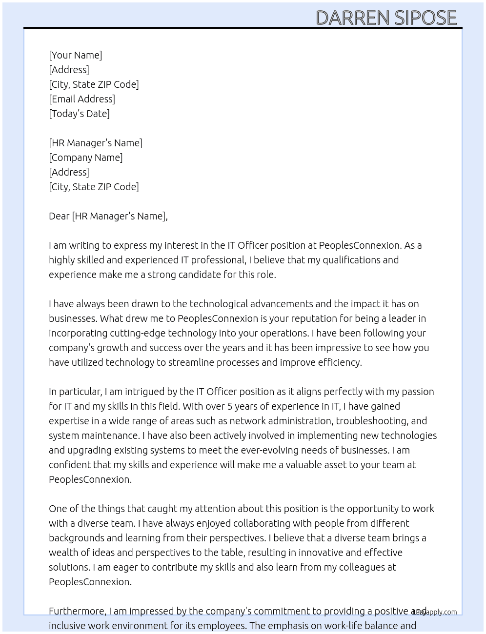 IT Officer  At PeoplesConnexion  Cover Letter