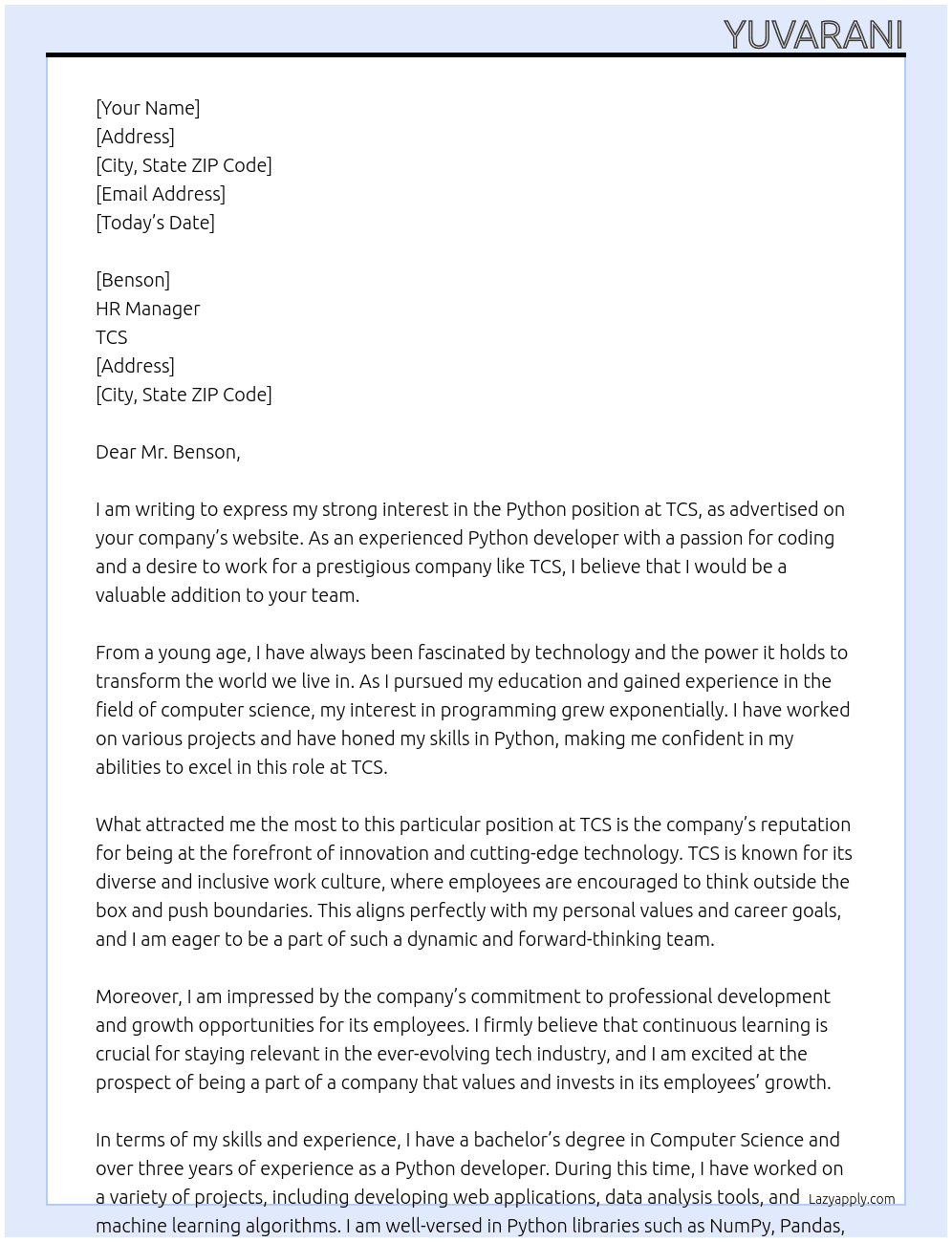 Python At TCS Cover Letter