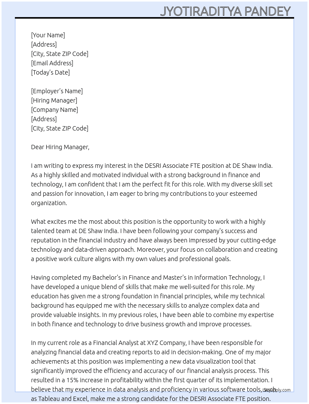 DESRI Associate FTE At DE Shaw India Cover Letter