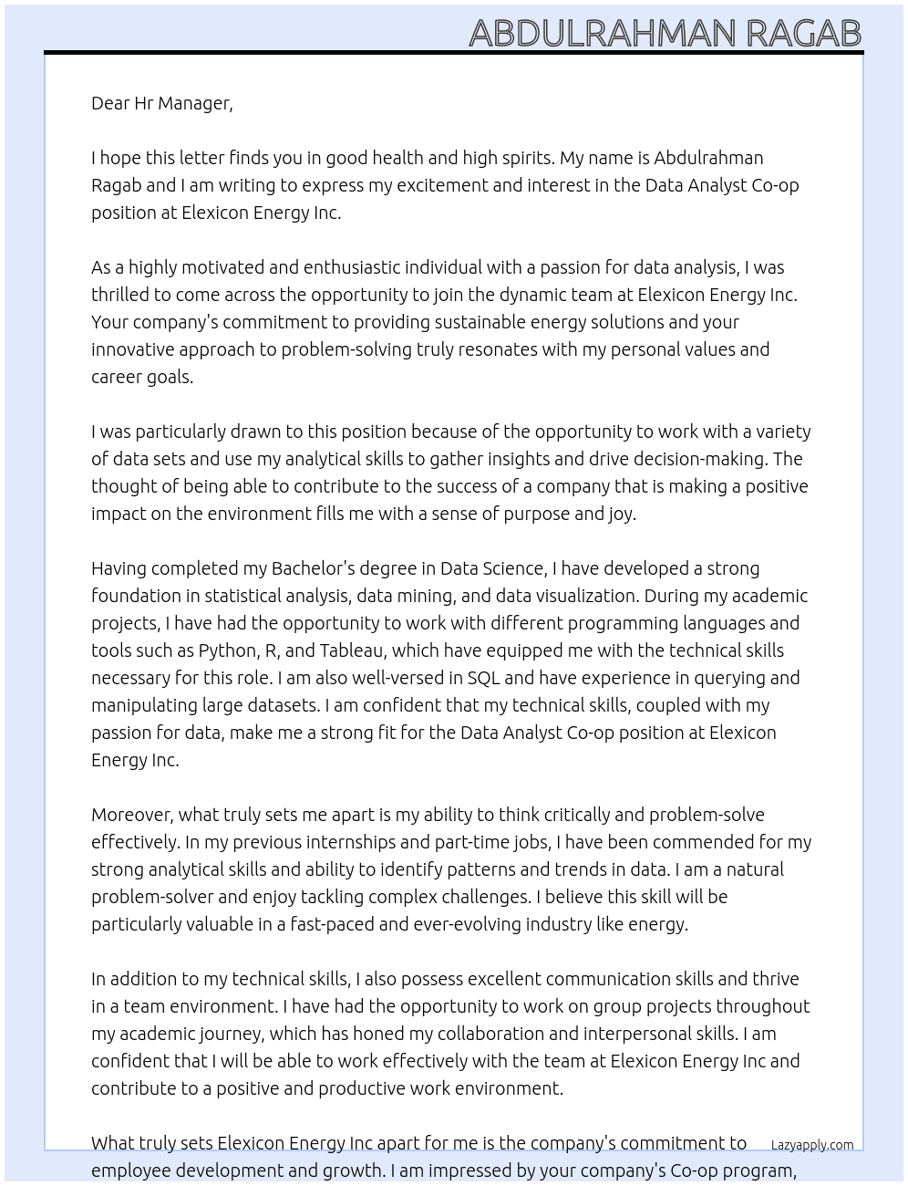 Data Analyst Co-op At Elexicon Energy Inc Cover Letter