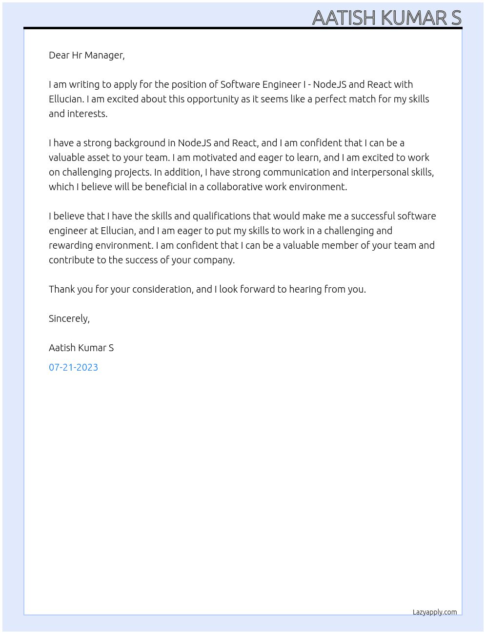 Software Engineer I - NodeJS and React At Ellucian Cover Letter