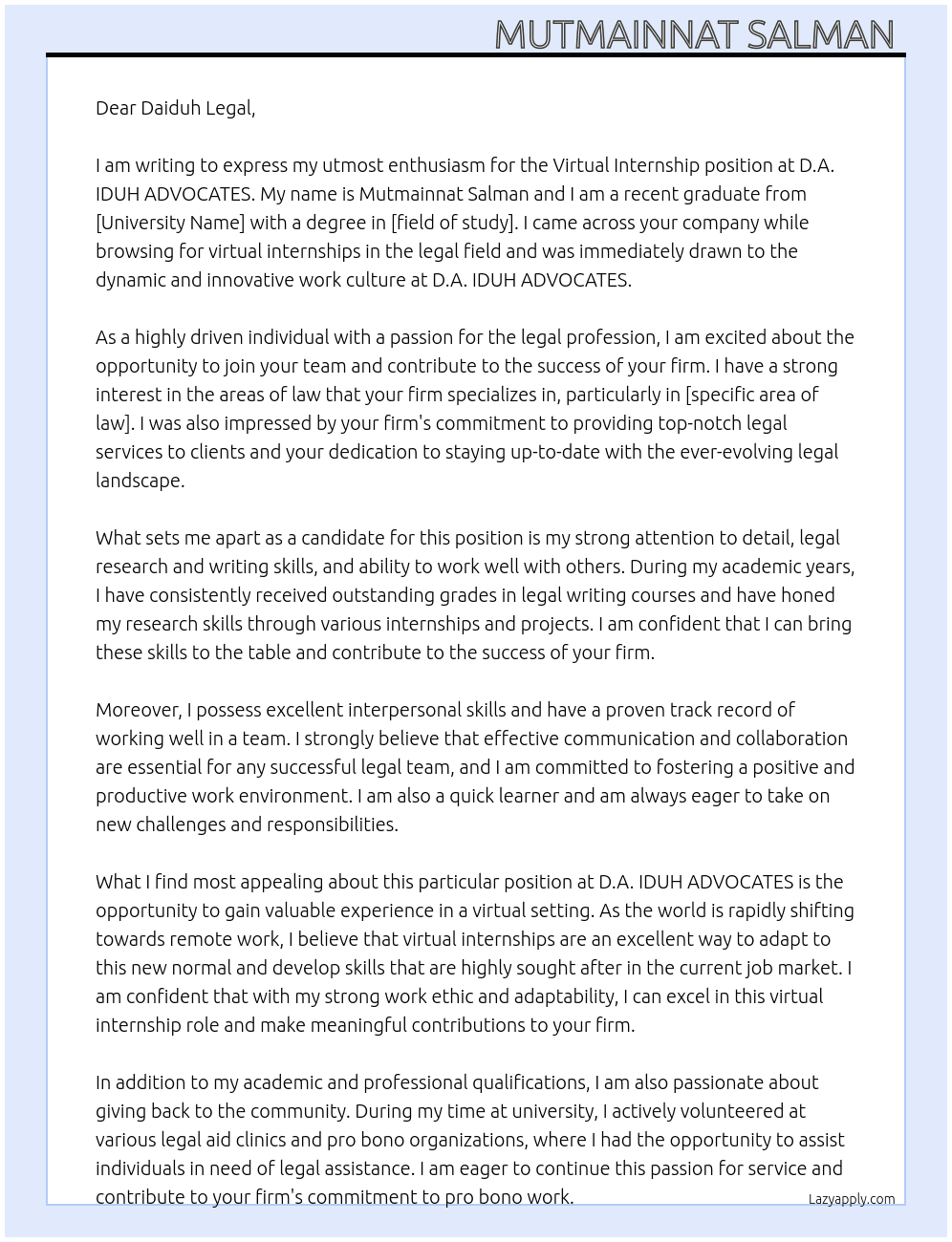 Virtual Internship At D.A. IDUH ADVOCATES Cover Letter