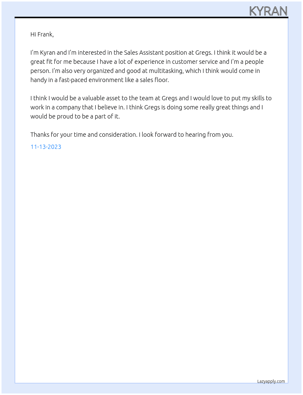 sales assistant At gregs Cover Letter