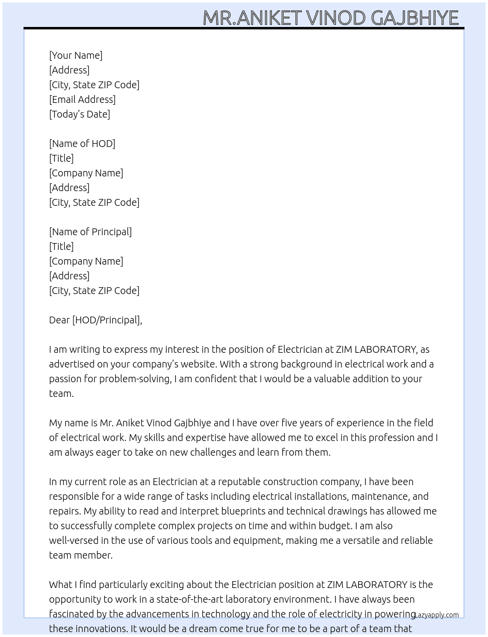 I'm Electrician  At ZIM LABORATORY  Cover Letter