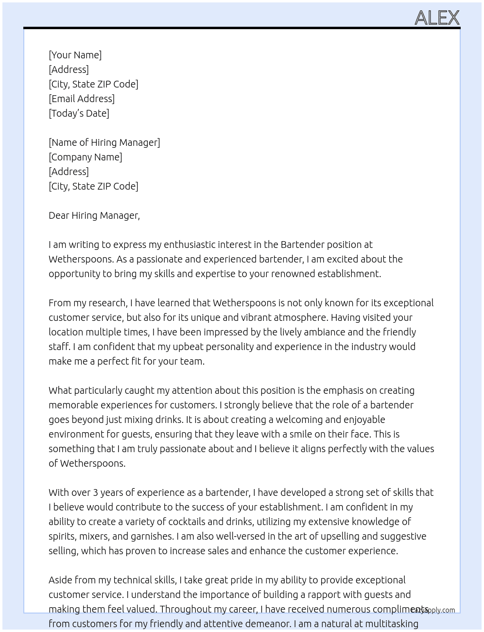 Bartender At Wetherspoons Cover Letter