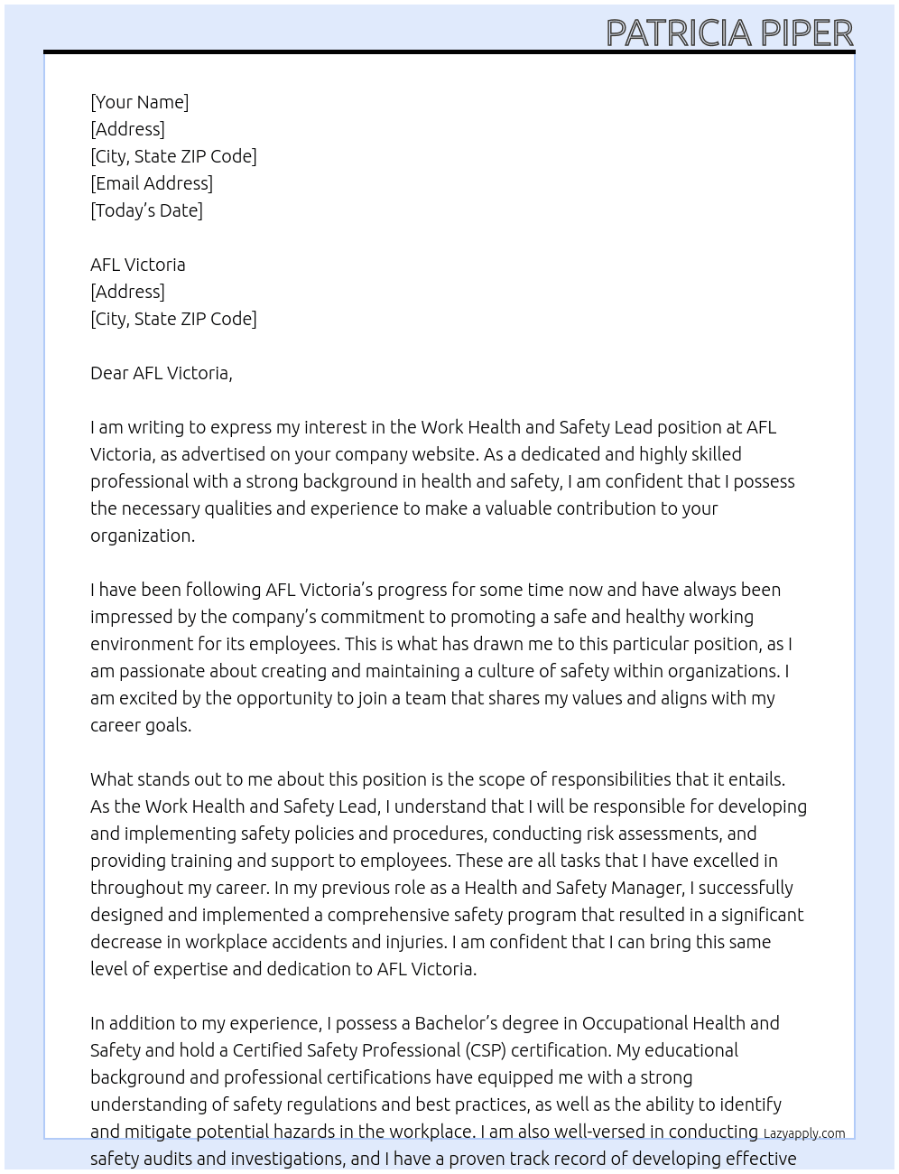 Work Health and Safety Lead At AFL Victoria Cover Letter
