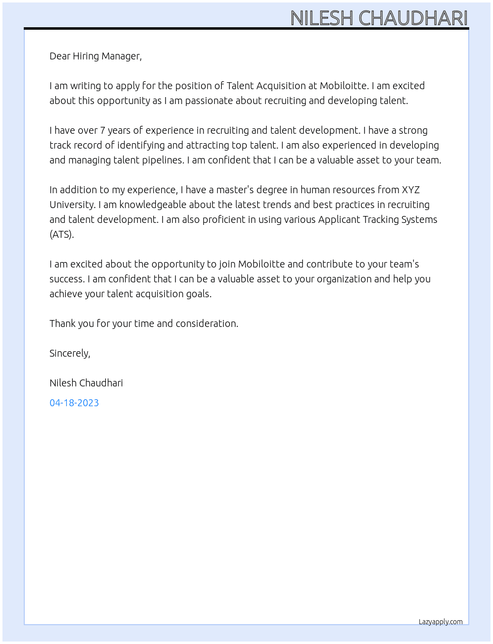 Talent Acquisition  At Mobiloitte Cover Letter