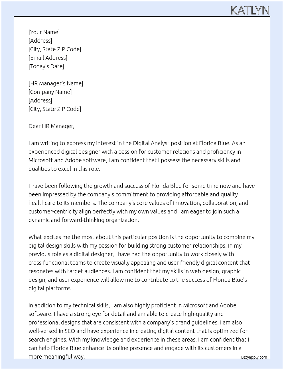 Digital Analyst At Florida Blue Cover Letter