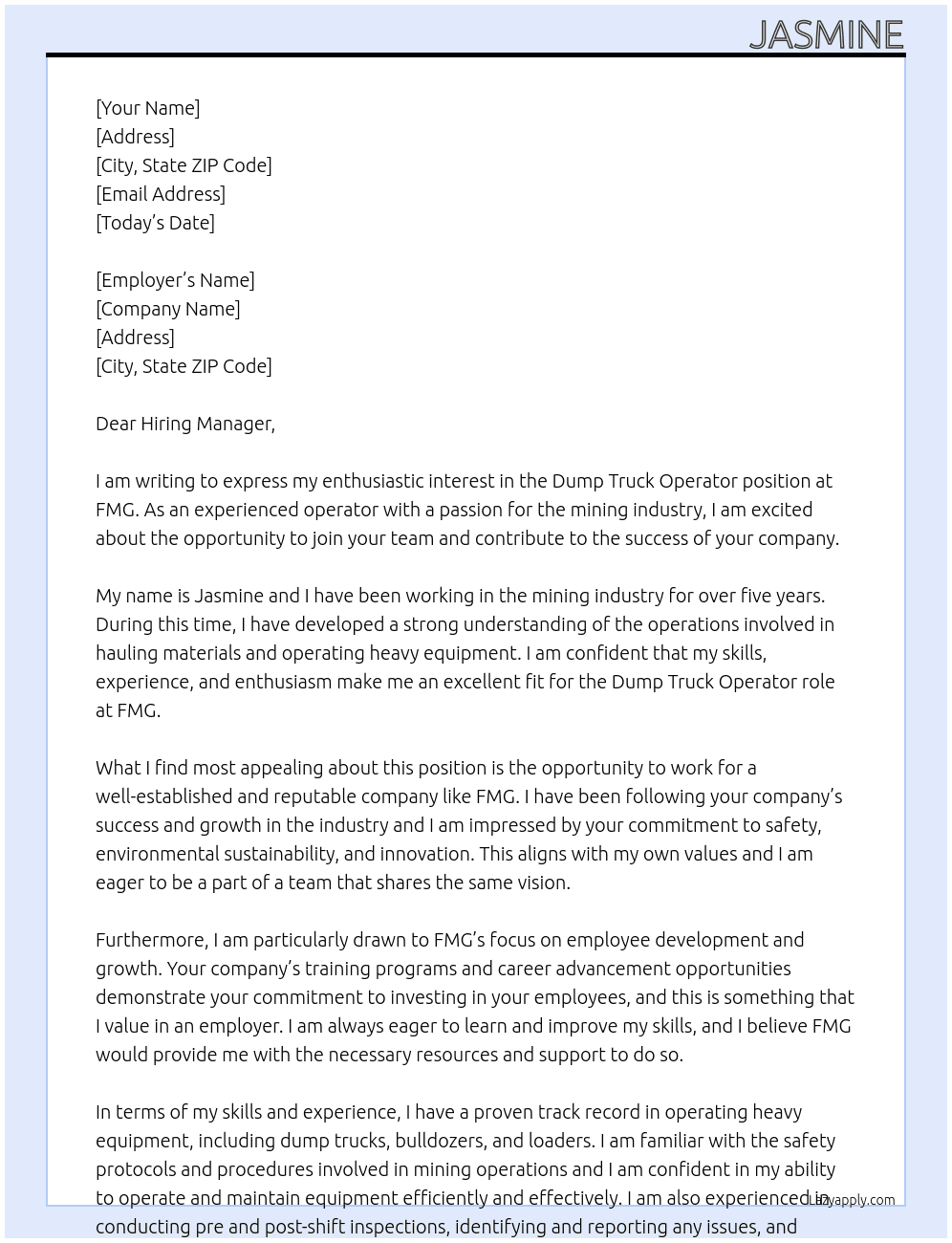 Dump Truck Operator  At FMG Cover Letter