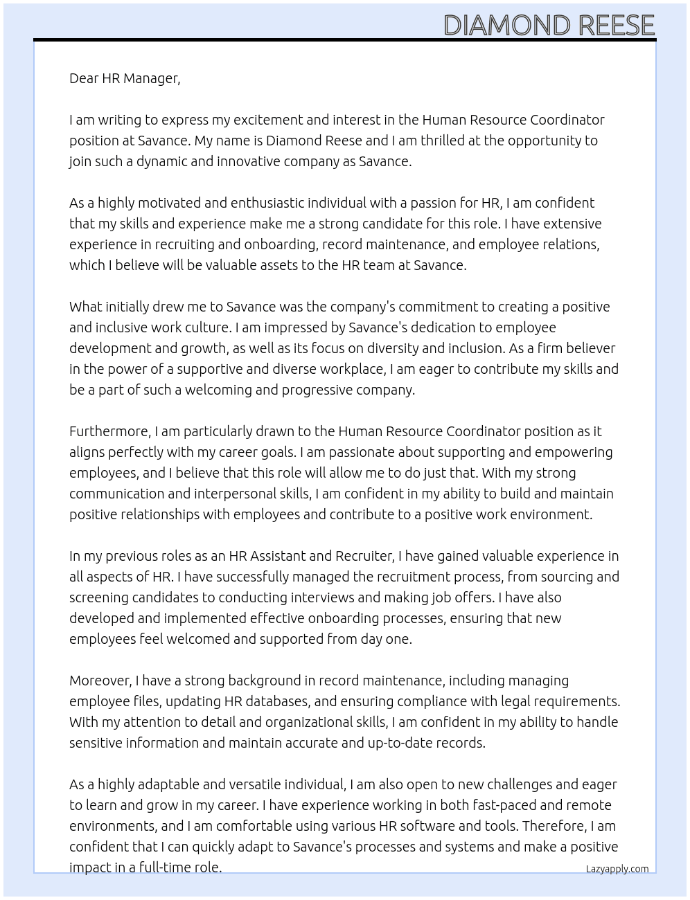 Human Resource Coordinator At Savance Cover Letter