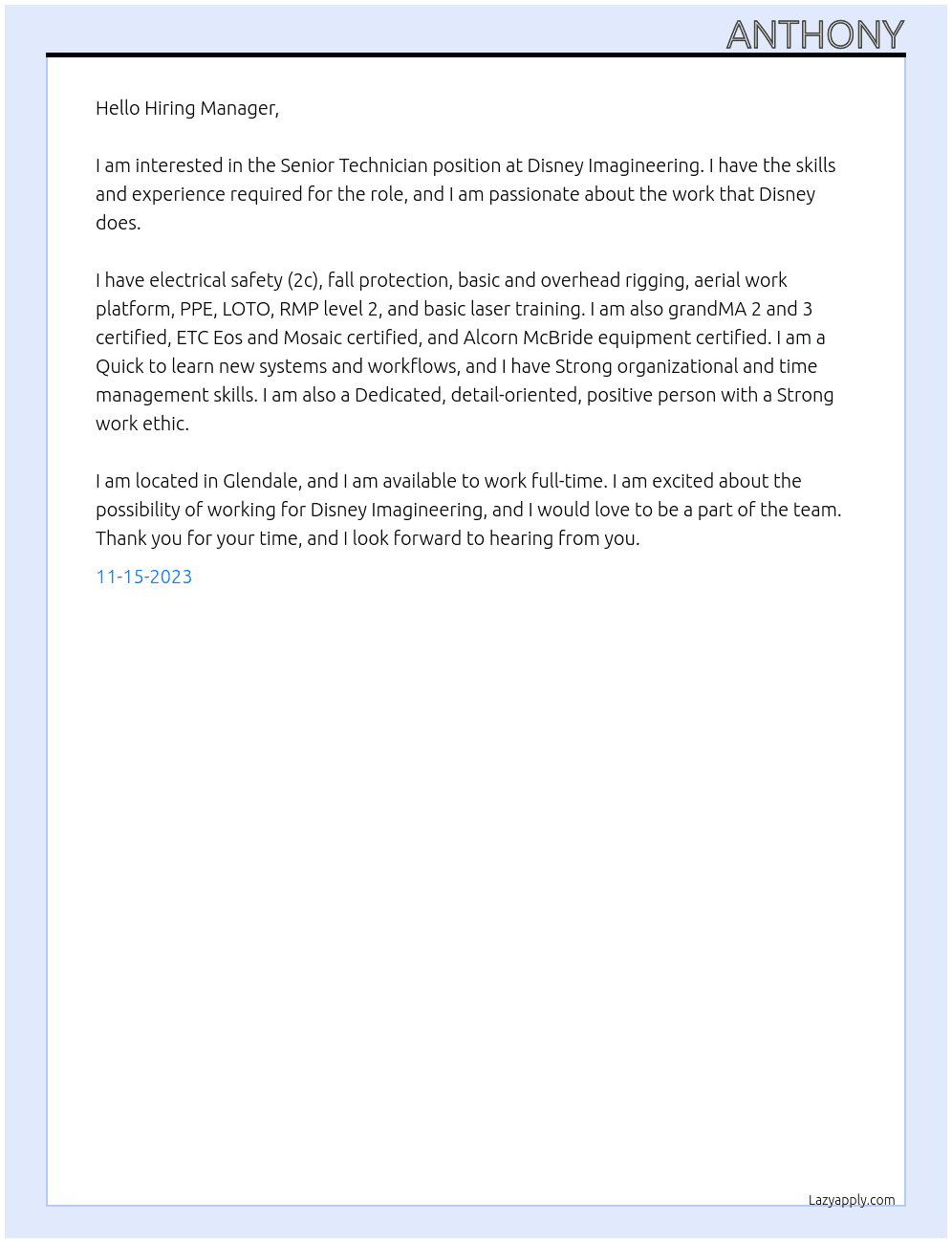 Senior Technician At Disney Imagineering  Cover Letter