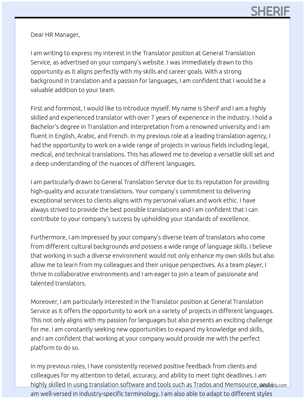 Translator At General Translation Service Cover Letter