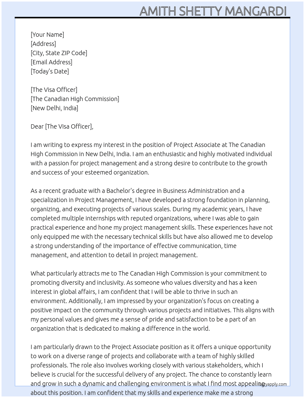 Project Associate  At The Canadian High Commission,New Delhi India  Cover Letter