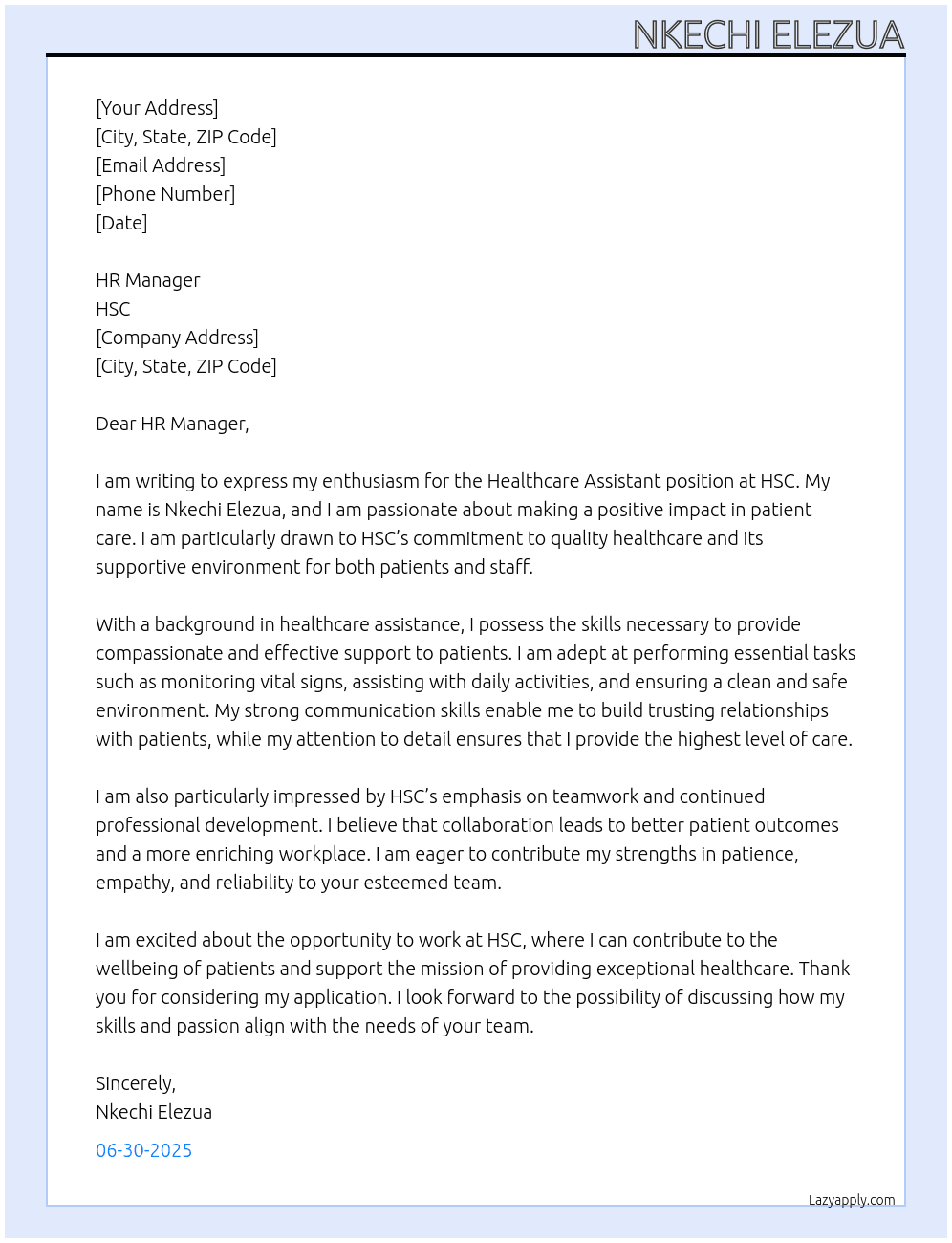 Healthcare Assistant At hsc Cover Letter