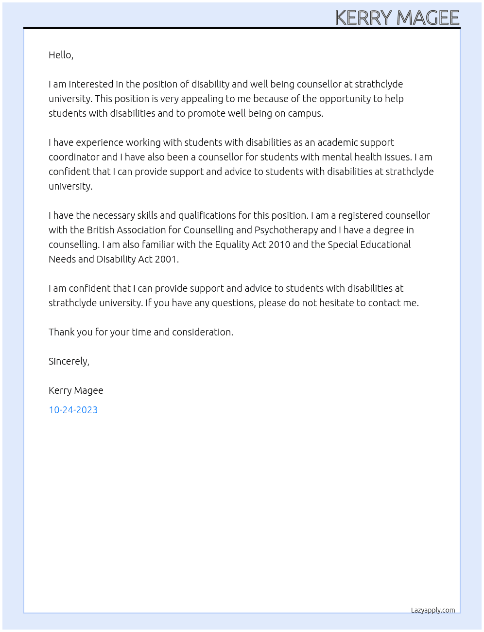 disability and well being counsellor  At strathclyde university Cover Letter
