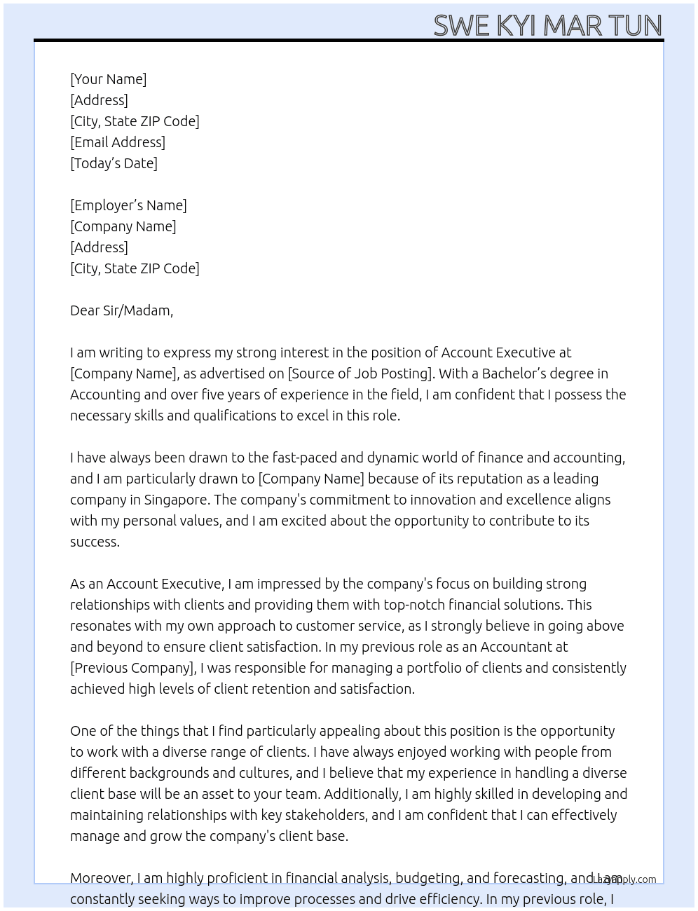 Account Executive At Singapore Cover Letter