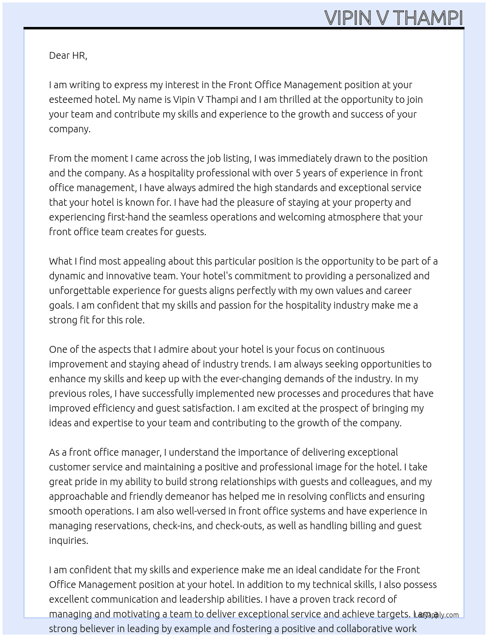 Cover letter for front office management - LazyApply