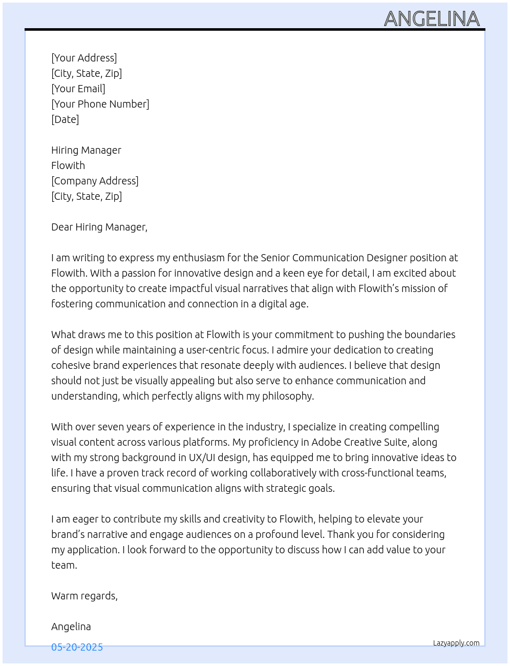 senior communication designer  At flowith  Cover Letter