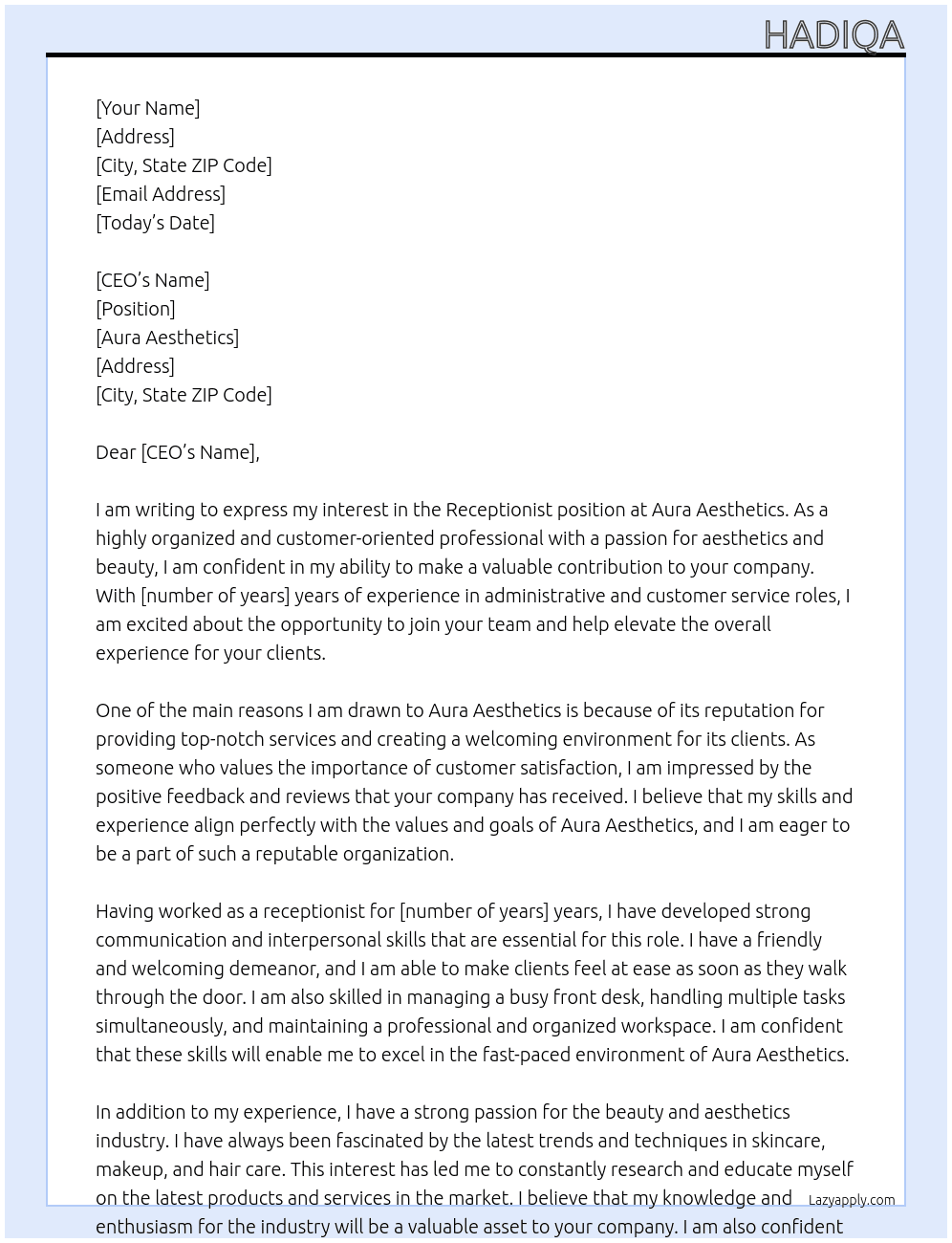 receptionist  At aura aesthetics Cover Letter