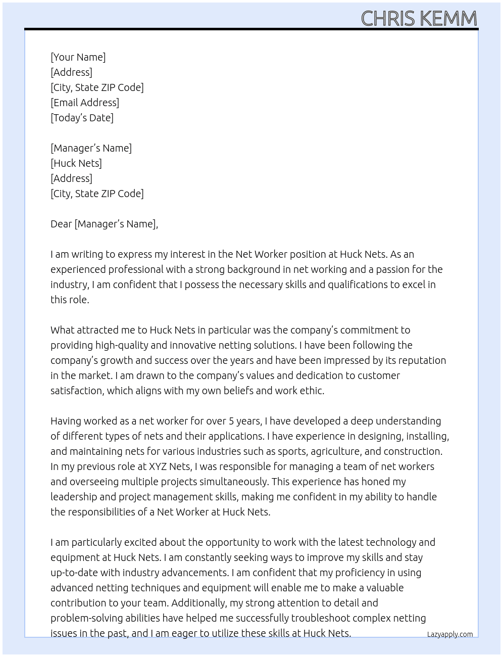 net worker At Huck Nets Cover Letter