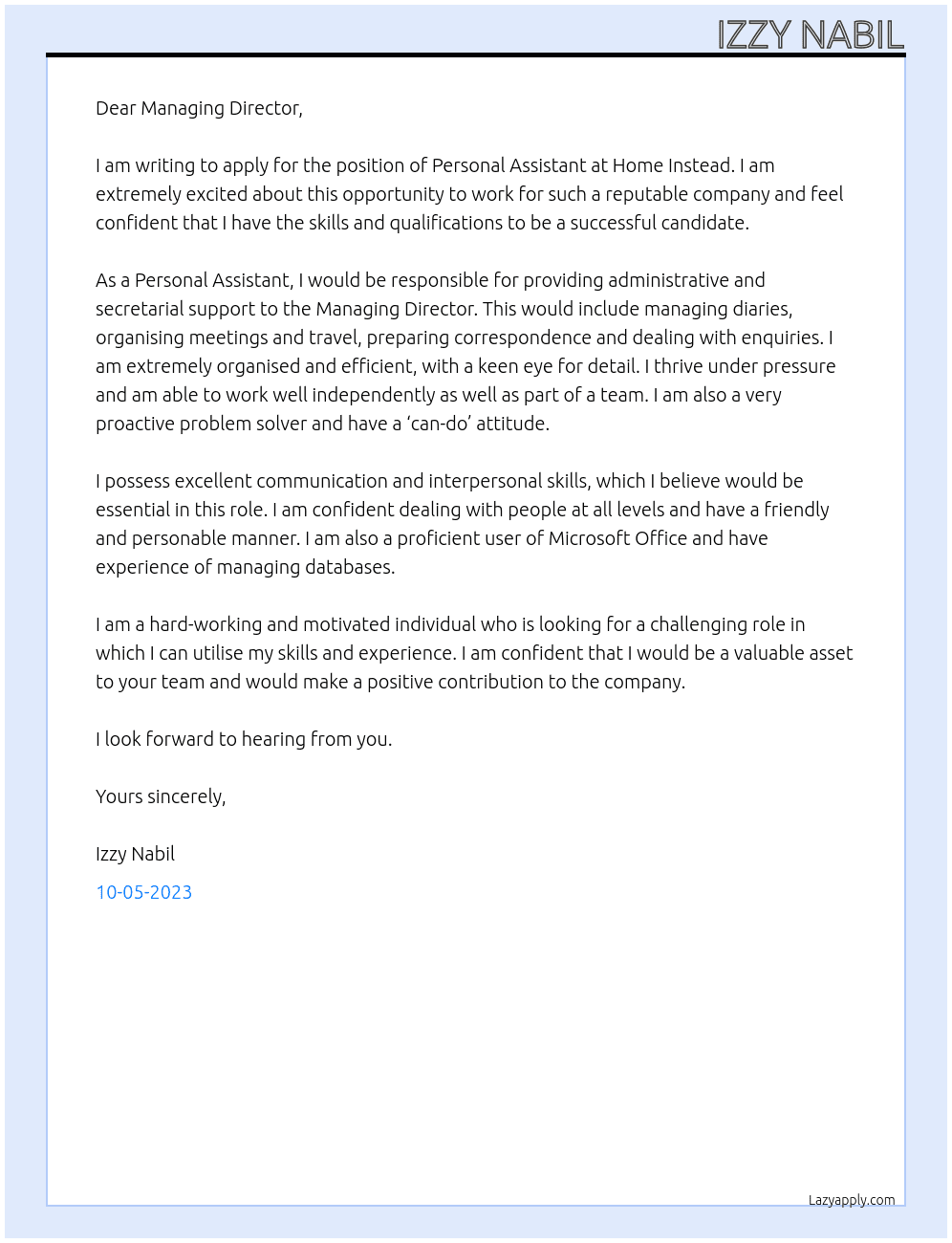 Personal assistant At Home instead  Cover Letter