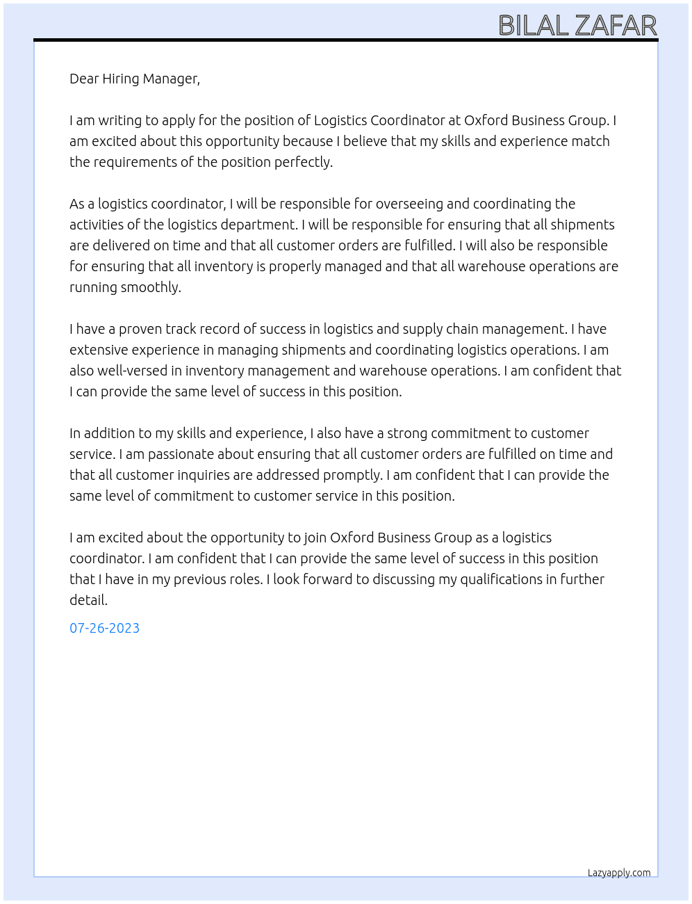 Logistics Coodinator At Oxford Bussiness Group Cover Letter
