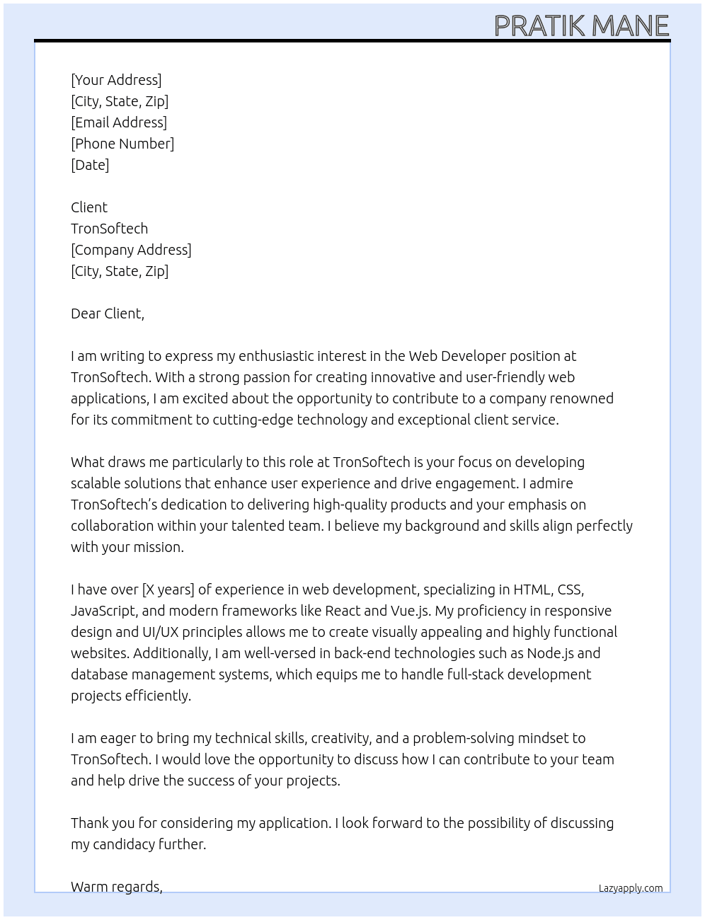 Web Developer At TronSoftech Cover Letter