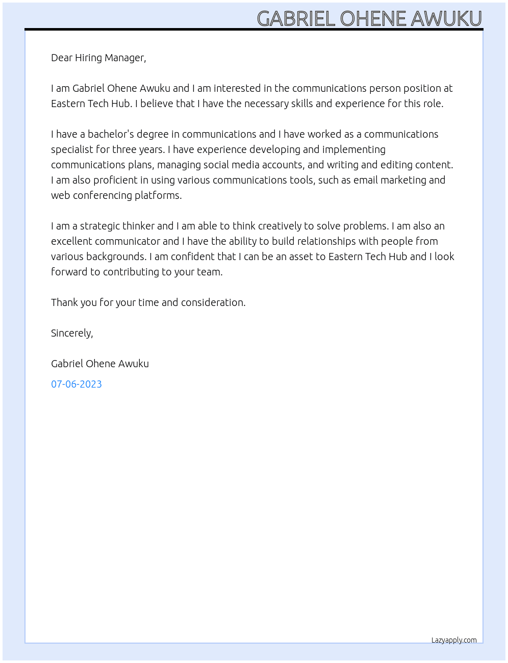 communications person At Eastern Tech Hub Cover Letter