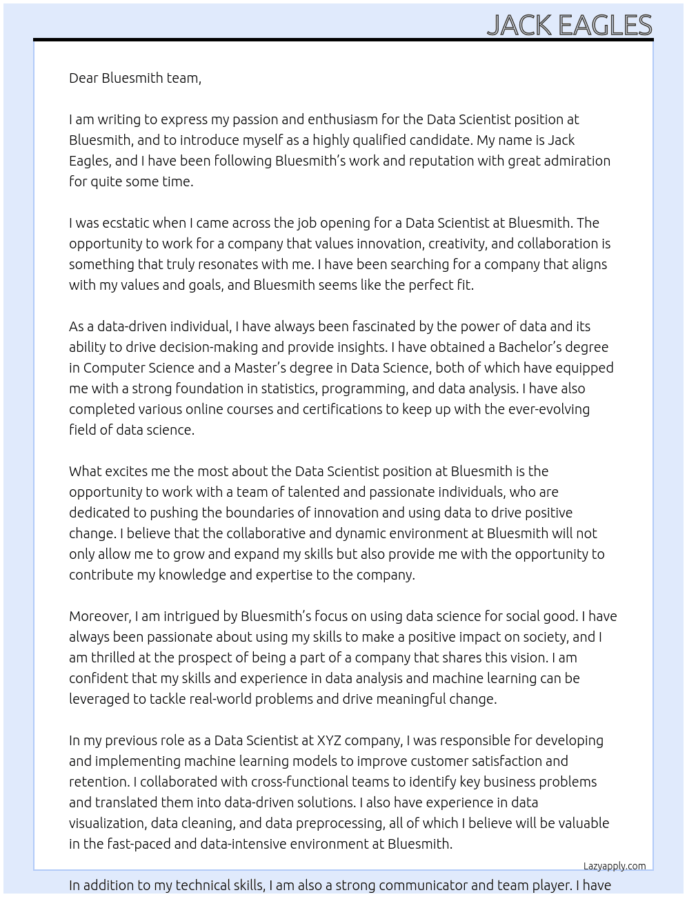 Data Scientist At Bluesmith Cover Letter