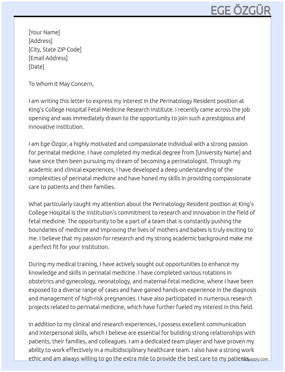 Perinatology Resident At King's College Hospital Fetal Medicine research Institute Cover Letter