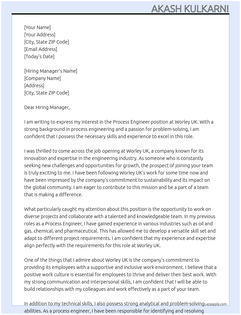 Process Engineer At Worley UK Cover Letter