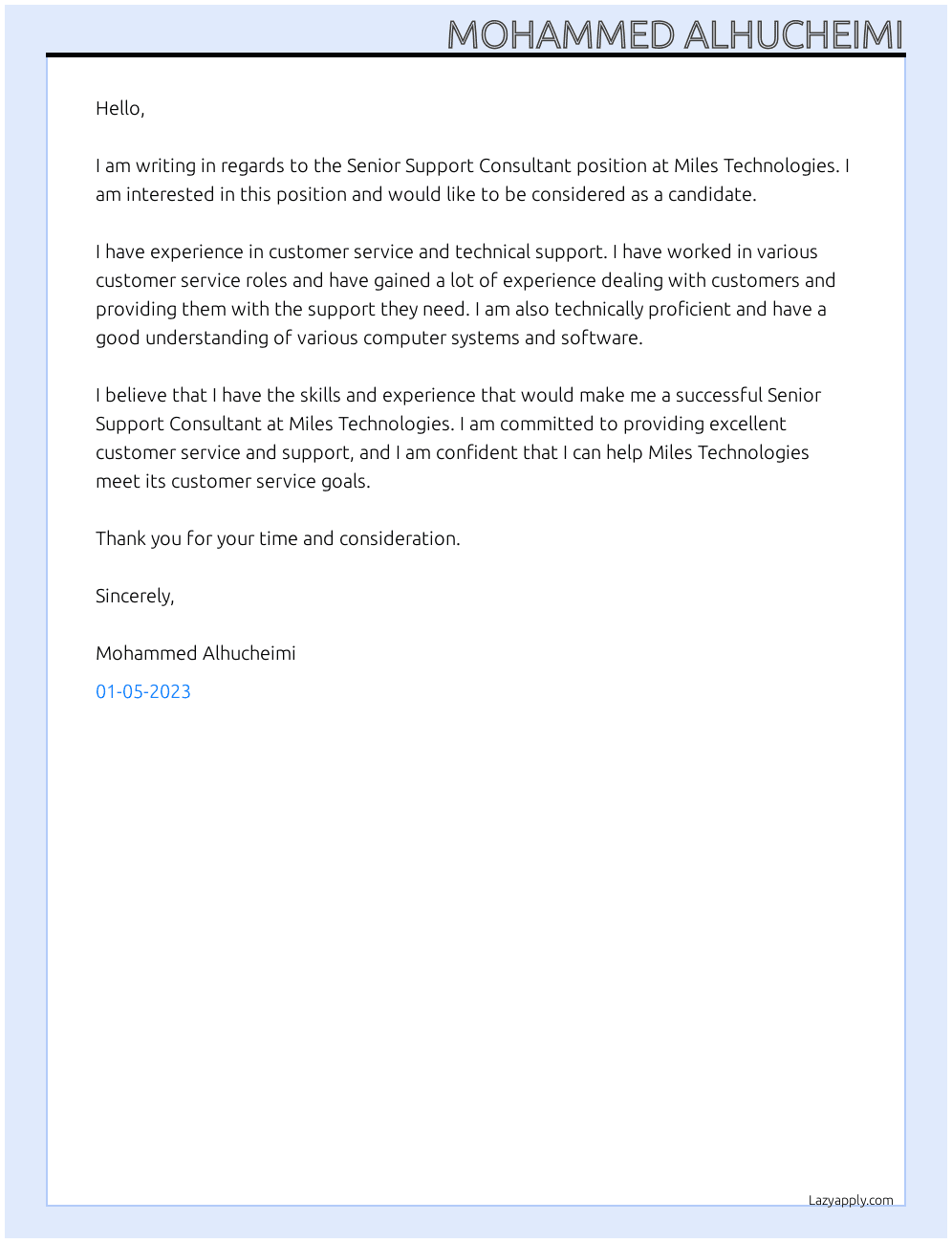 Senior Support Consultant At Miles Technologies Cover Letter