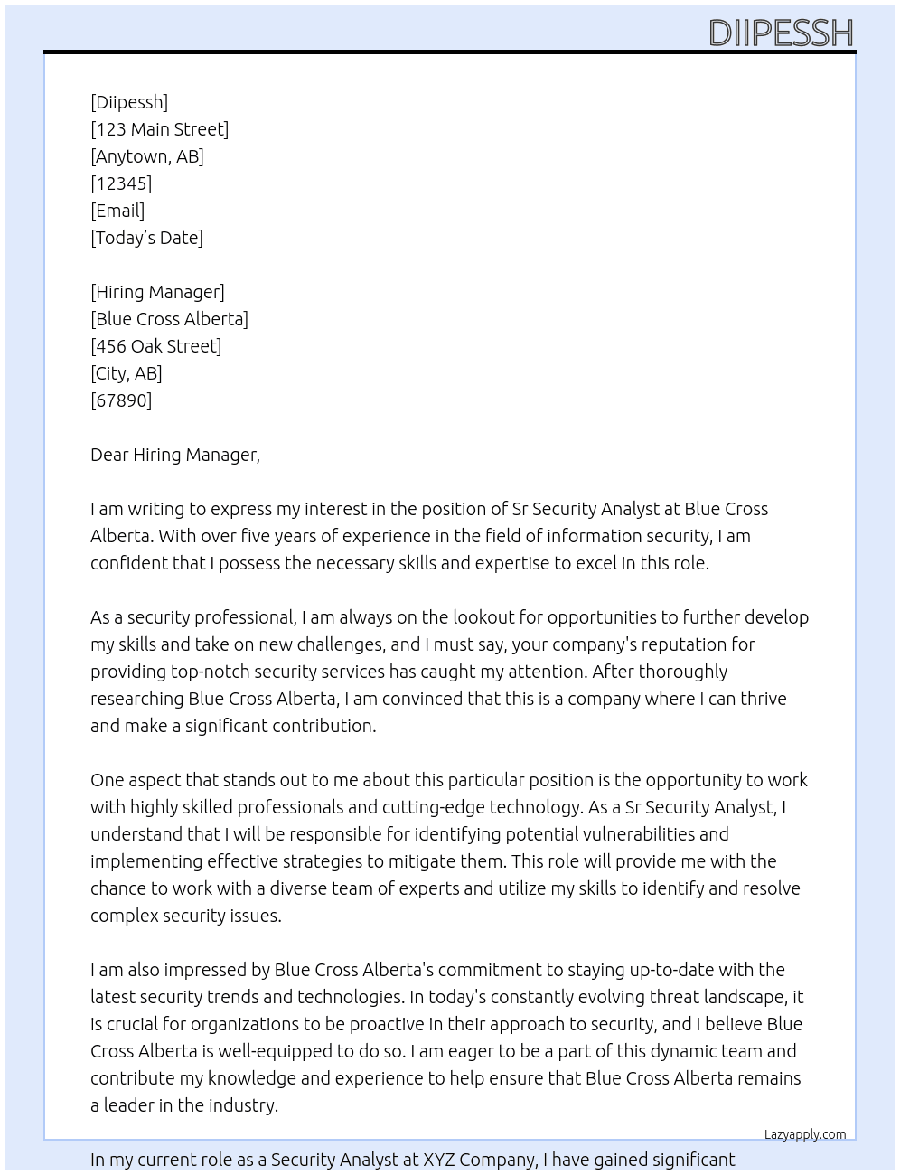 Sr Security Analyst At Blue Cross Alberta Cover Letter