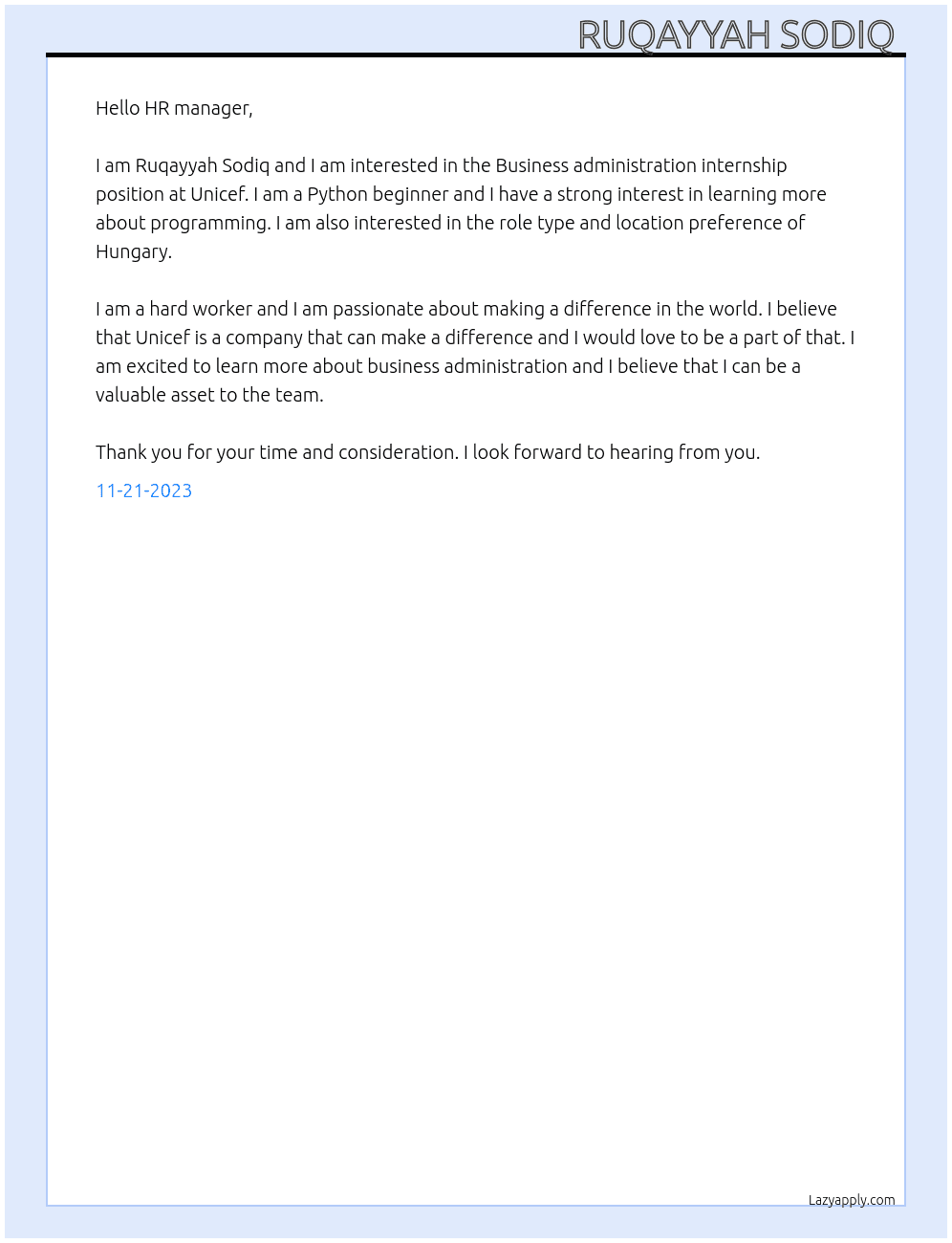 Business administration internship  At Unicef  Cover Letter