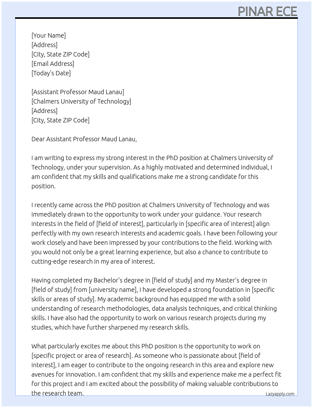 PhD Position At Chalmers University of Technology Cover Letter
