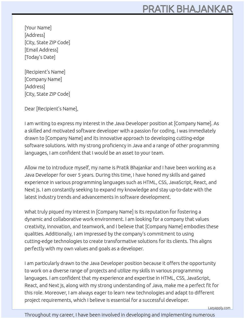 Java Developers At jdhbjw Cover Letter