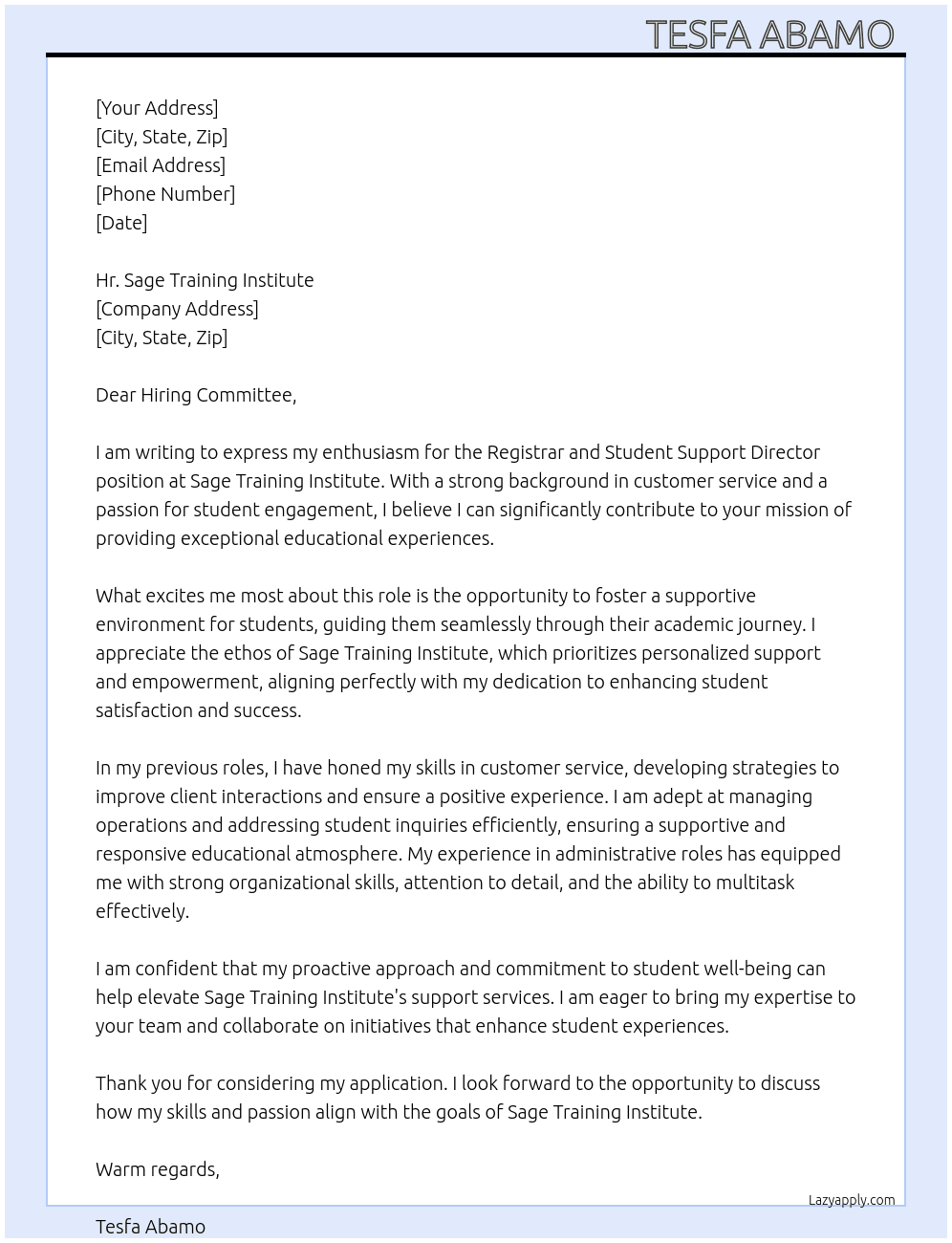 Registrar and Student Support Director  At Sage Training Institute  Cover Letter