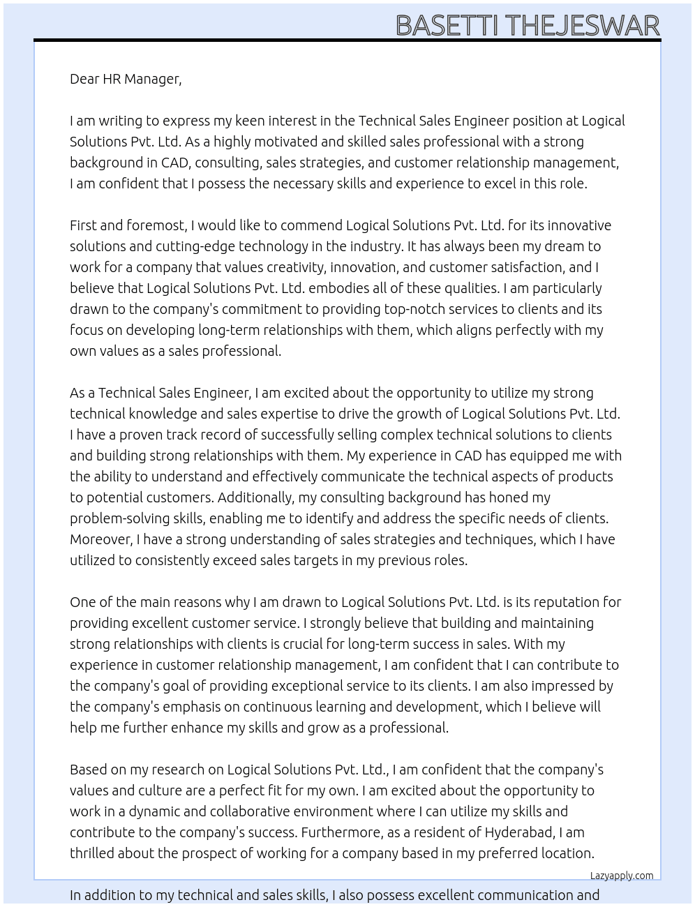 Technical Sales Engineer At Logical Solutions Pvt. Ltd. Cover Letter