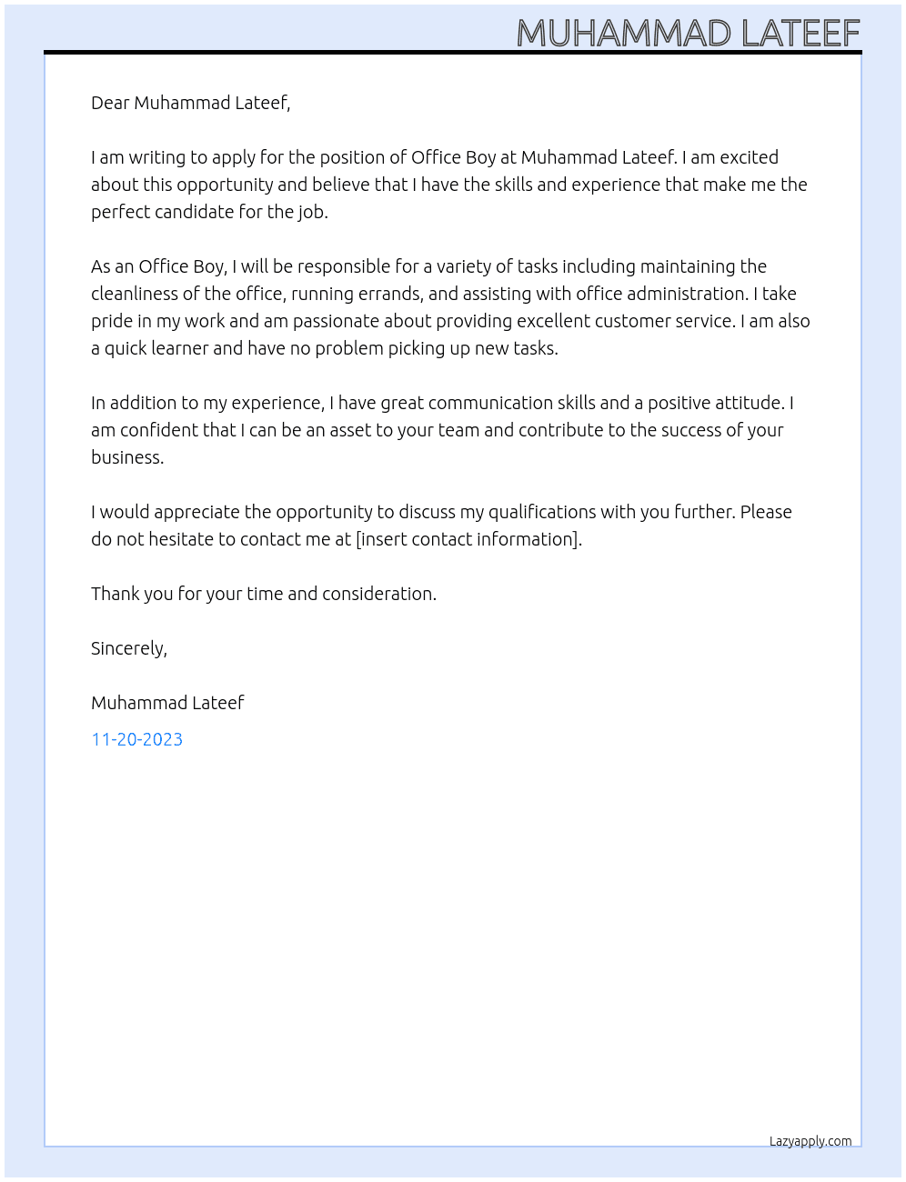 Office Boy At Muhammad Lateef Cover Letter