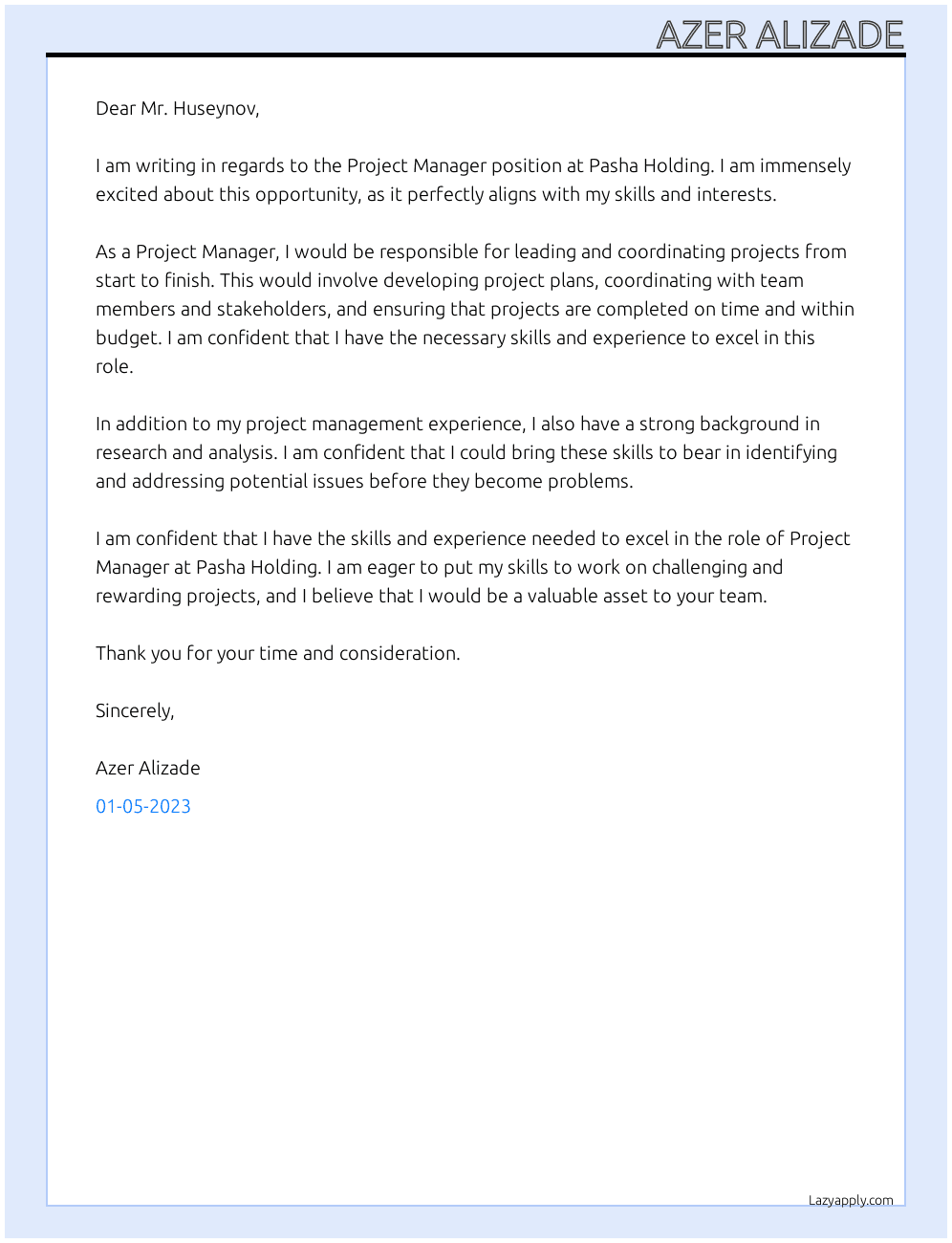 Project Manager At Pasha Holding Cover Letter