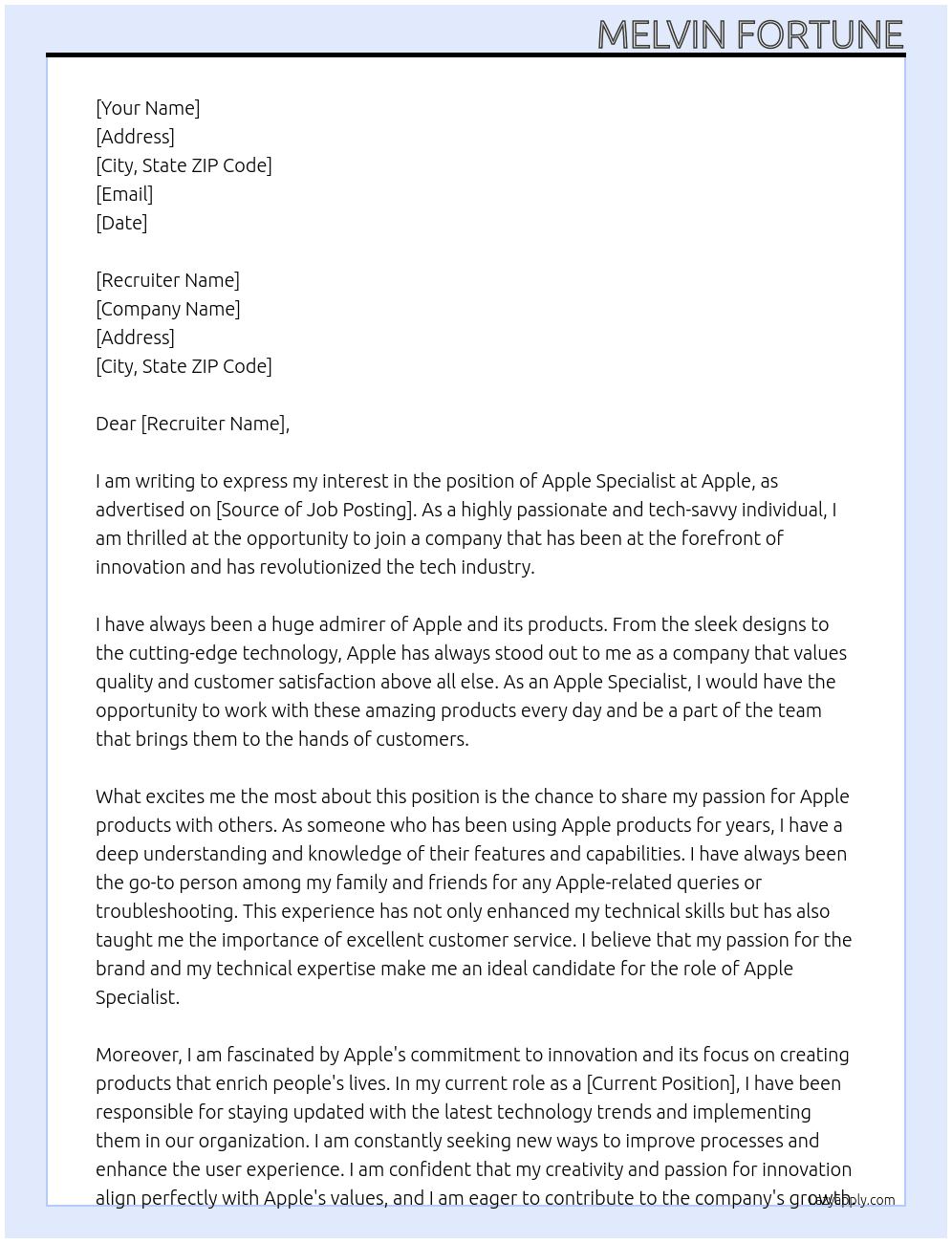 Apple Specialist  At Apple  Cover Letter