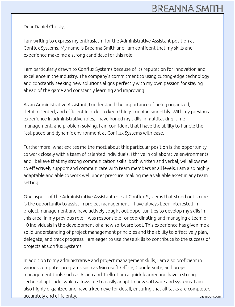 Administrative Assistant  At Conflux Systems Cover Letter