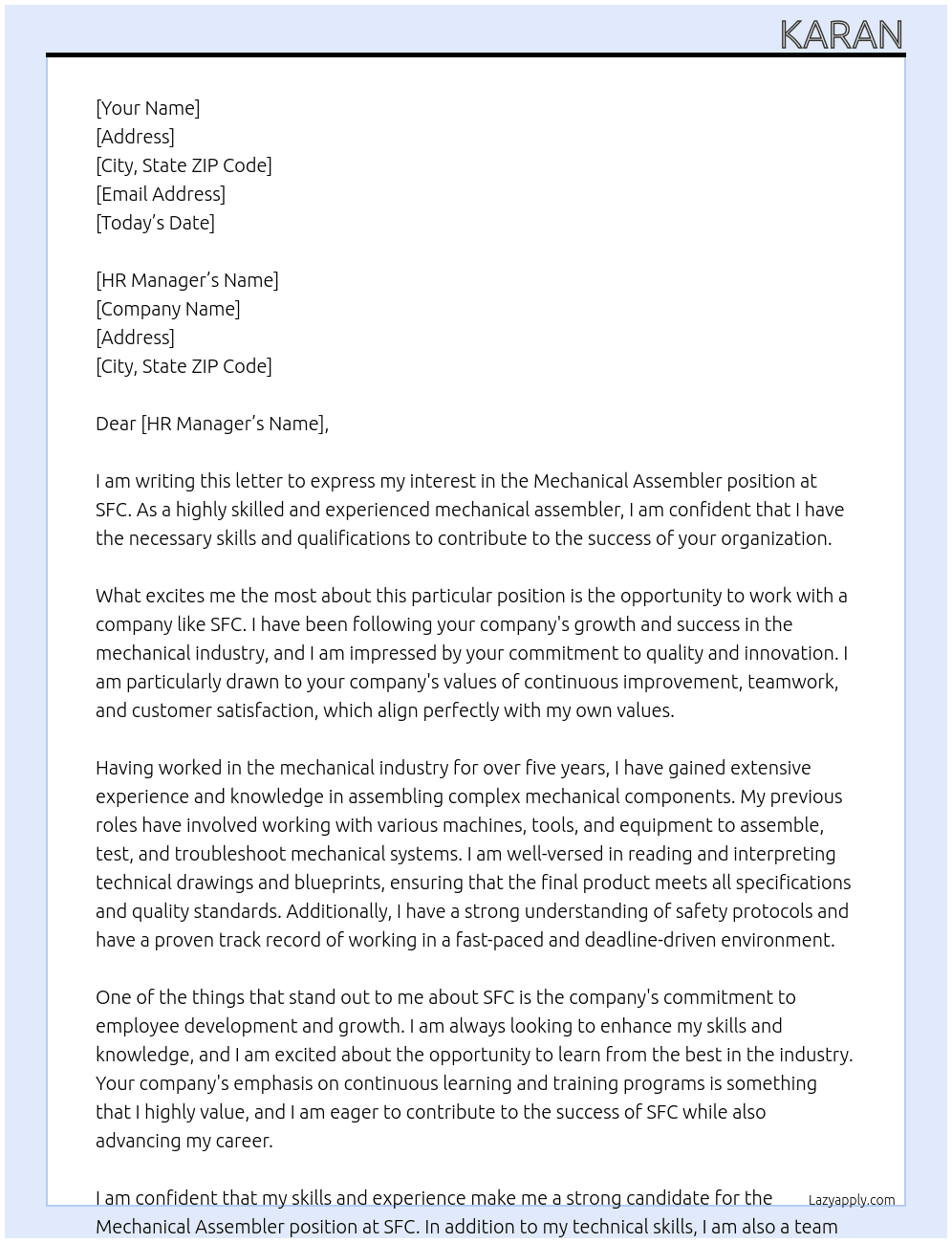 Mechanical assembler At SFC Cover Letter