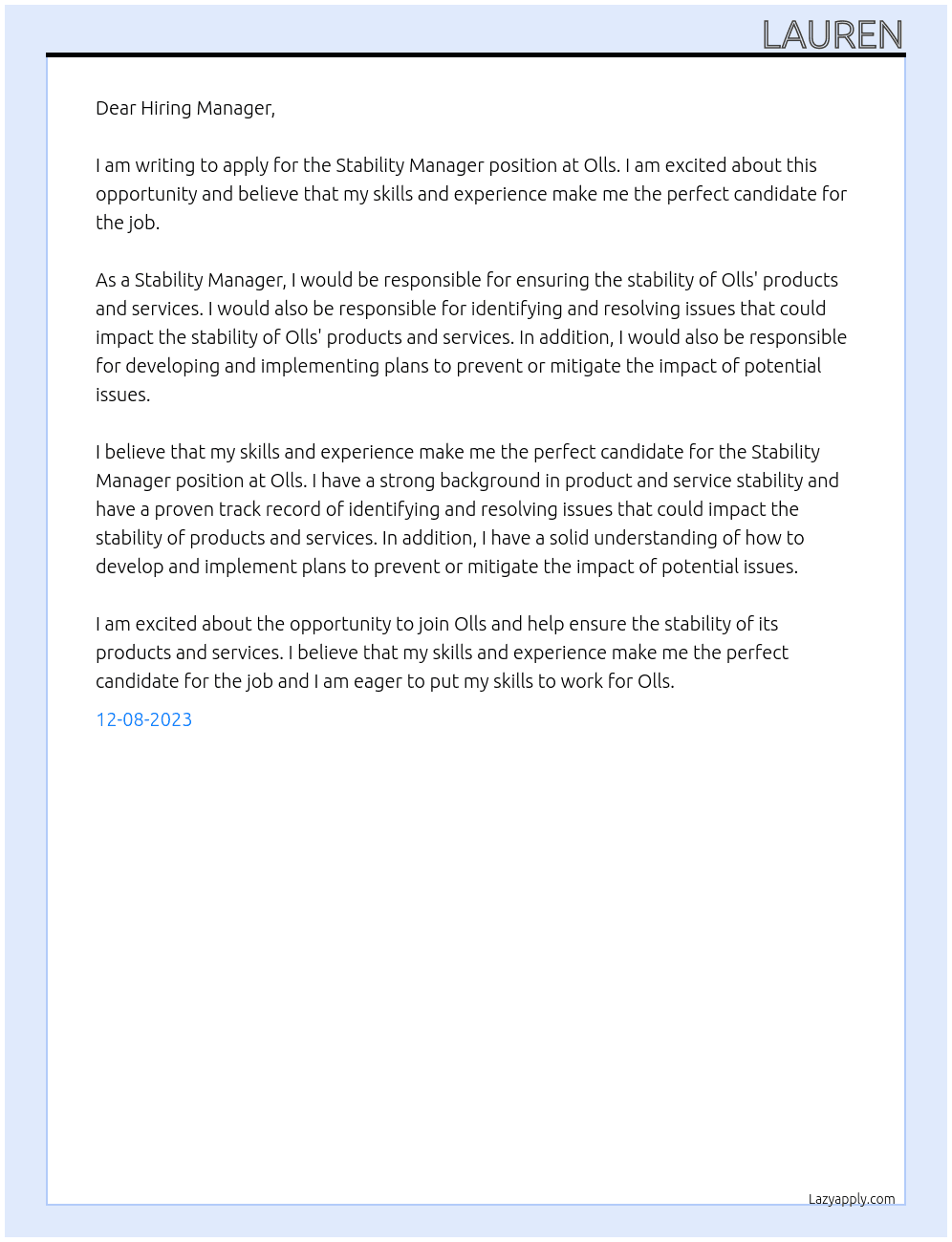 Stability Manager At Olls Cover Letter