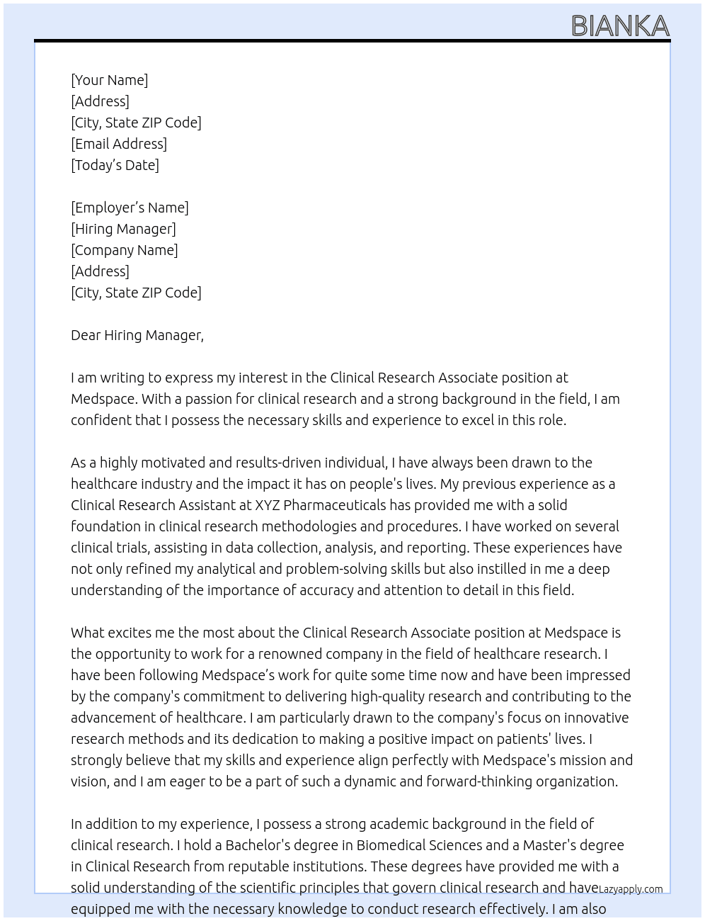 Clinical research associate  At Medspace Cover Letter