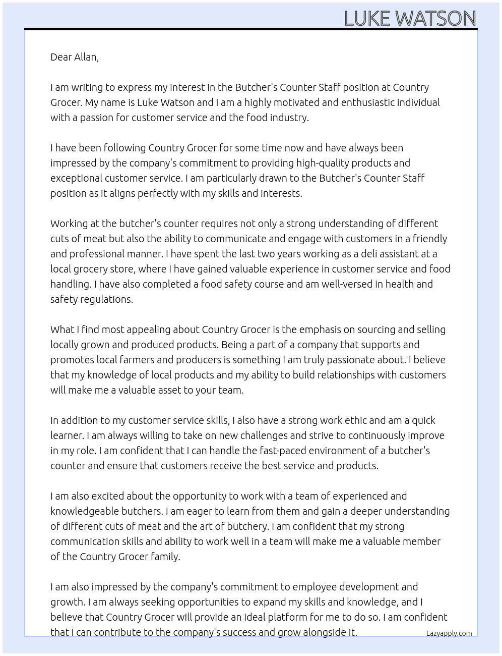 Butcher's Counter Staff At Country Grocer Cover Letter