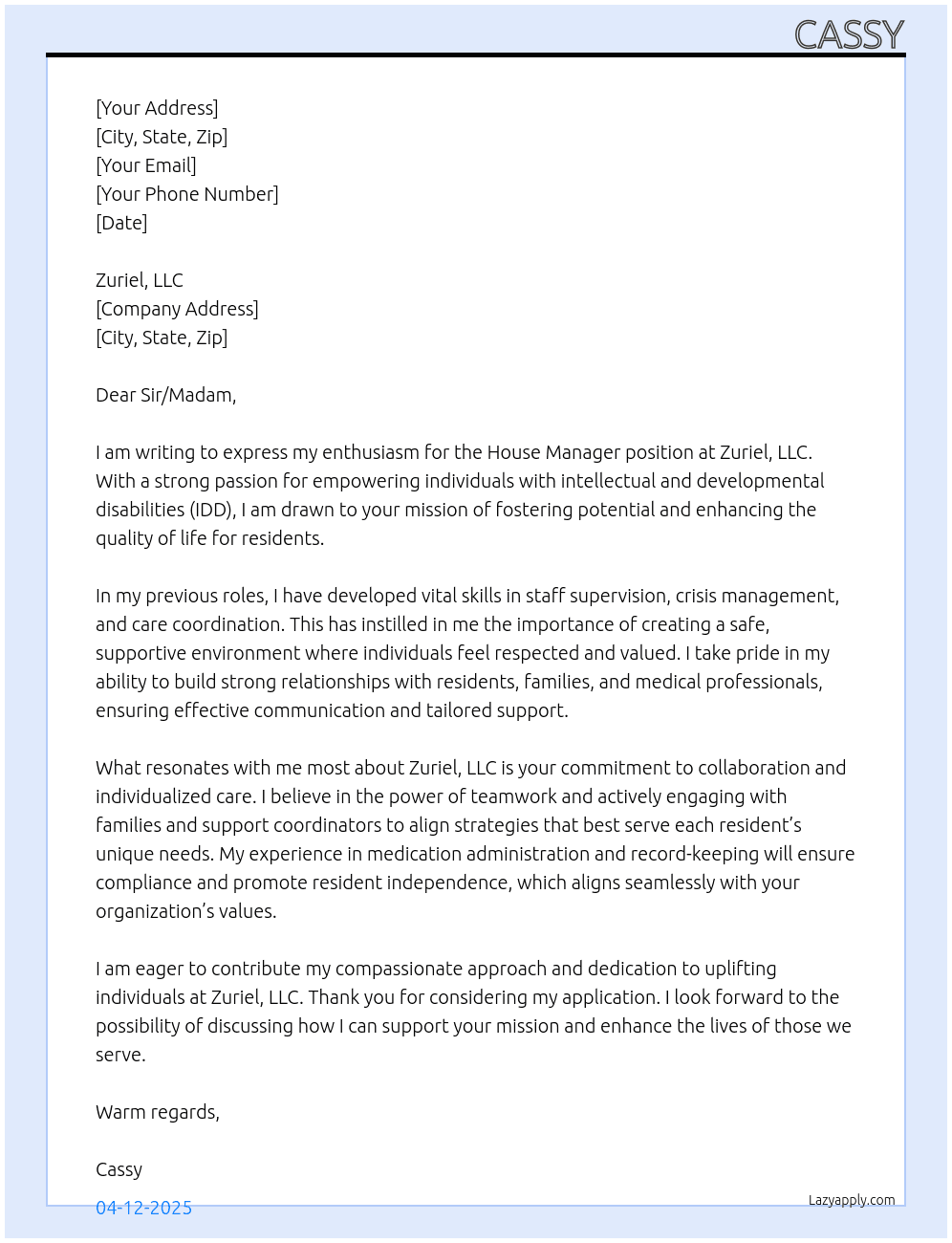 House Manager At Zuriel, LLC Cover Letter